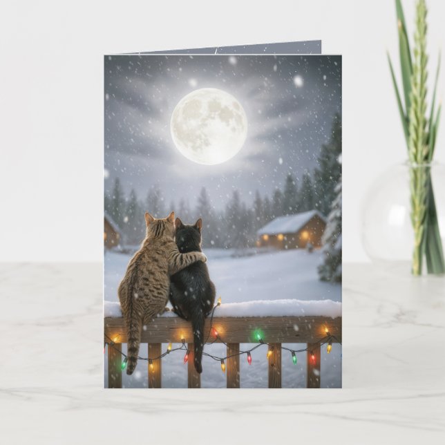 Carte Chats de Noël se blottissant sur une clôture ennei (Devant)