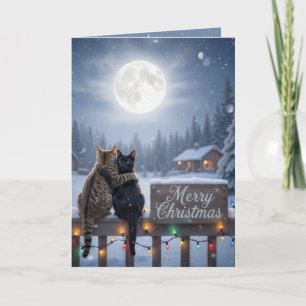 Carte Chats de Noël s'étreignant sur une clôture enneigé