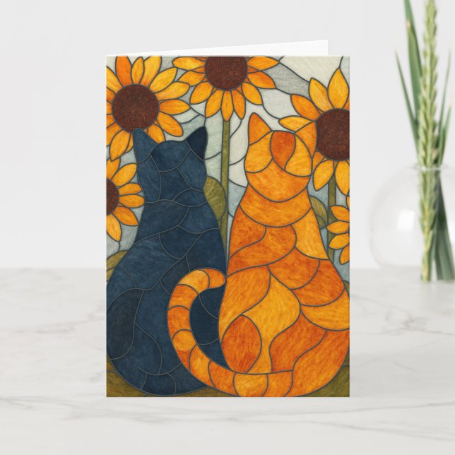 Carte Chats en vitrail et conception d'art de tournesols (Devant)