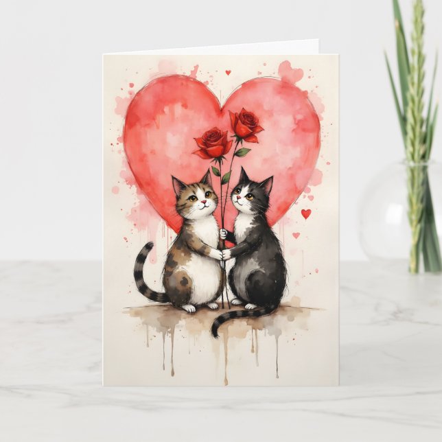 Carte Chats fantaisistes de la Saint-Valentin avec cœurs (Devant)