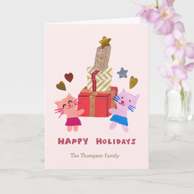 Carte chats mignons avec cadeaux bébé rose vacances (Orchidée)