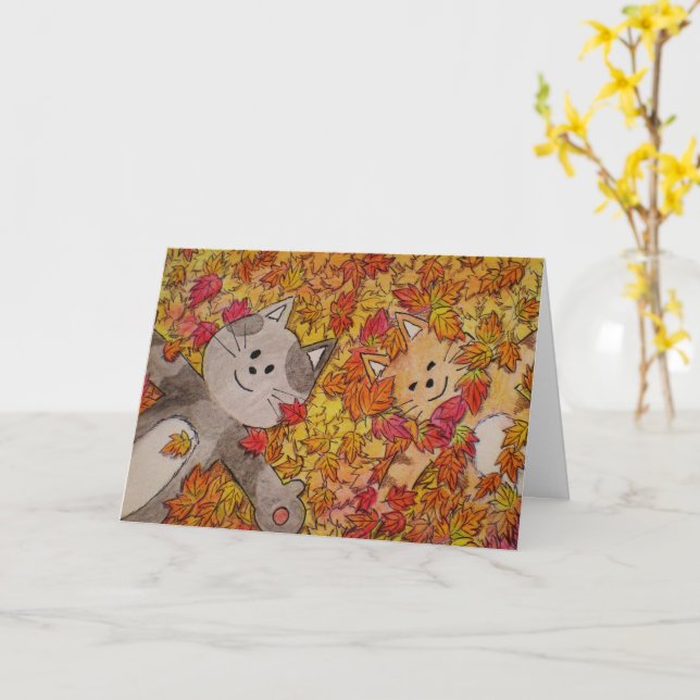 Carte Chats mignons en feuilles d'automne, Halloween, Th (Fleur jaune)