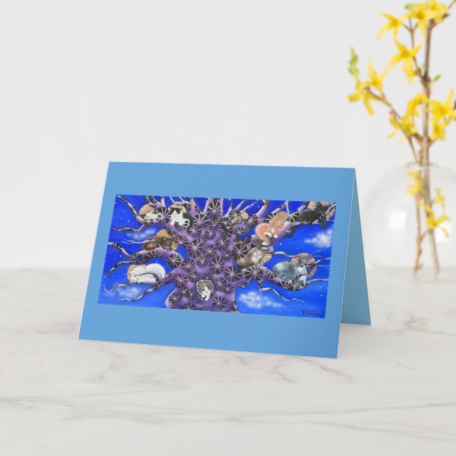 Carte Chats mignons endormis dans l'arbre  (Fleur jaune)