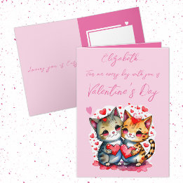Carte Chats mignons nom personnalisé Saint Valentin rose