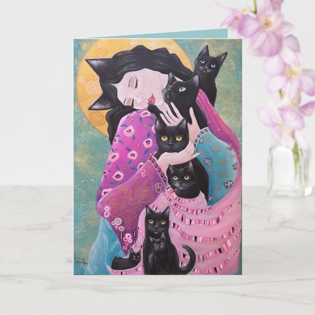 Carte Chats noirs Art fantaisiste (Orchidée)