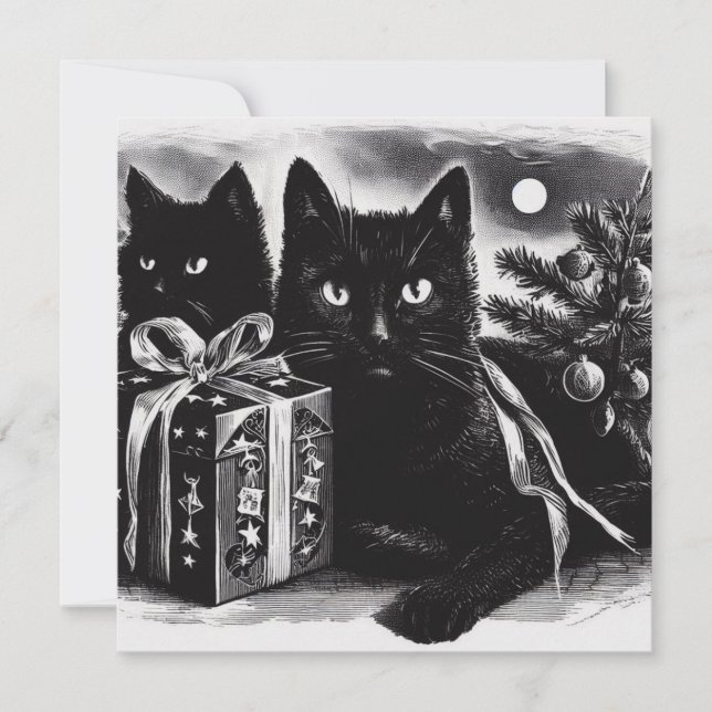 Carte Chats noirs avec cadeau de Noël (Devant)
