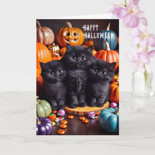 Carte Chats noirs d'Halloween avec Citrouilles et bonbon