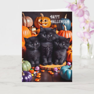 Carte Chats noirs d'Halloween avec citrouilles et bonbon
