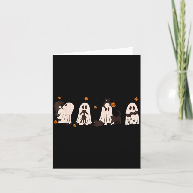 Carte Chats noirs en chat fantôme mignon Halloween (Devant)