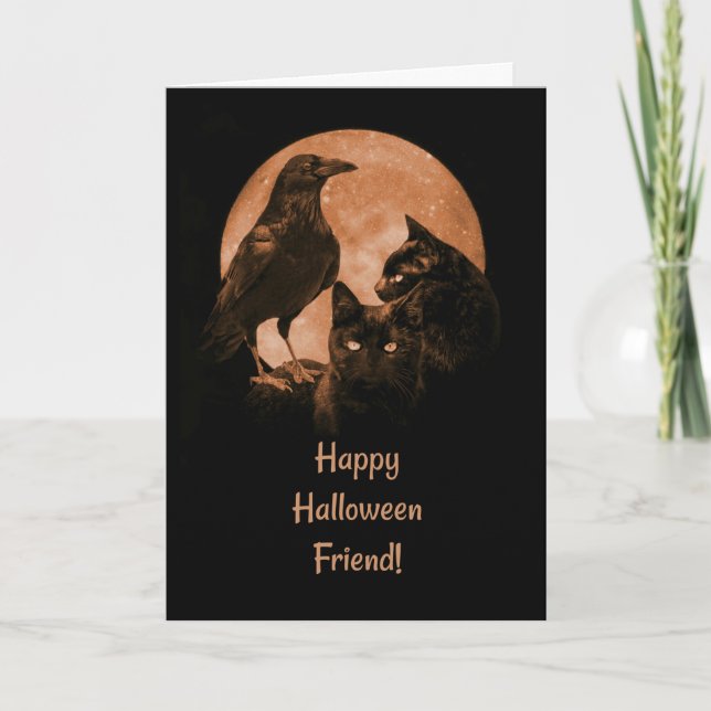 Carte Chats noirs et ami corbeau Halloween (Devant)