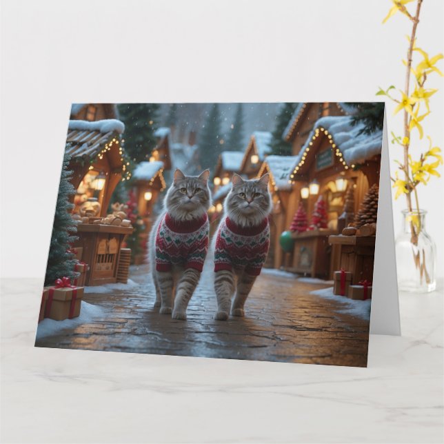 Carte Chats sibériens Noël Neige Fêtes  (Fleur jaune)