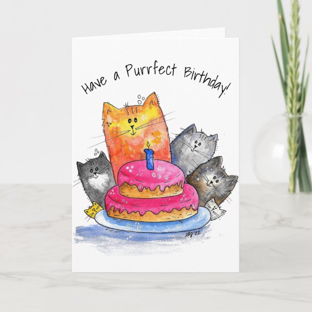 Carte Chats Whimsical avec gâteau d'anniversaire (Devant)