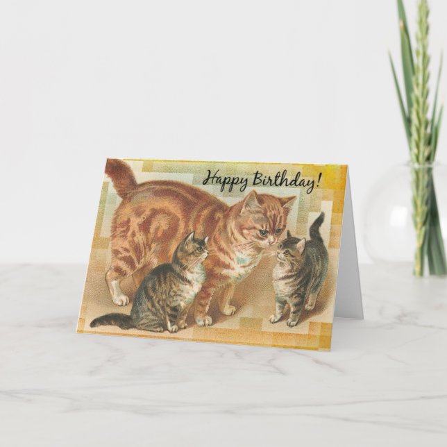 Carte Chatte maman vintage et chatons, Anniversaire (Devant)