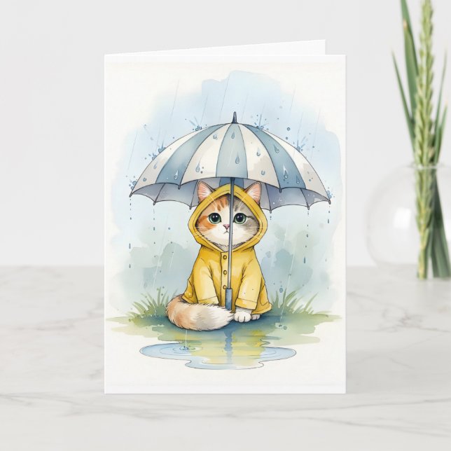 Carte Chatte Mignonne sous Imperméable avec Aquarelle de (Devant)