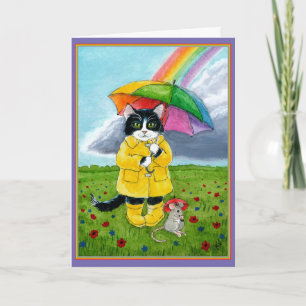 Carte Chatte tuxedo, souris, arc-en-ciel, parapluie anni