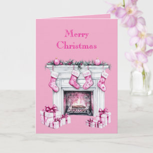 Carte Chaussette de Noël Pink Glam Cheminée