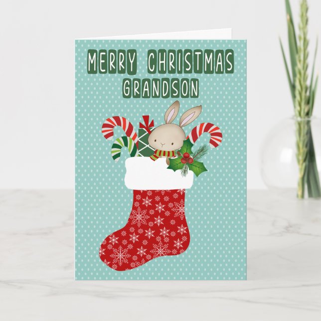 Carte Chaussette de Noël pour petit-fils avec lapin (Devant)