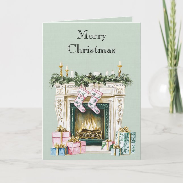 Carte Chaussettes de cheminée de Noël vert bleu rose (Devant)