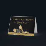 Carte Chaussures à talon élevé Black Gold Joyeux anniver<br><div class="desc">Elégant et chic moderne or et noir Joyeux anniversaire Carte d'anniversaire personnalisée avec Faux Parties scintillant Silver High Heel Stiletto Chaussures et nom personnalisé script de calligraphie cursive. Ajoutez votre propre texte à l'intérieur de la carte ou utilisez comme panneaux de tableau pour votre fête.</div>