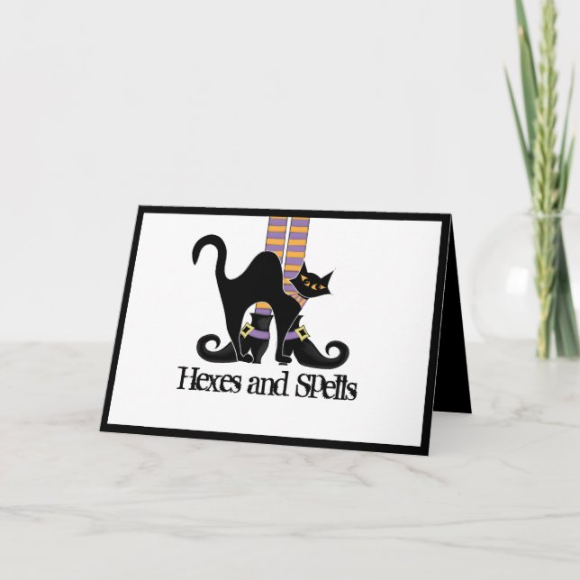 Carte Chaussures en sorcière blanche Halloween Chat noir (Devant)