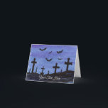 Carte Chauves-souris dans le cimetière<br><div class="desc">Un petit paysage à l'aquarelle de chauves-souris en vol au-dessus d'un cimetière la nuit orne cette carte effrayante d'Halloween. Personnalisez en changeant le texte à votre guise !</div>