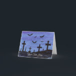 Carte Chauves-souris dans le cimetière<br><div class="desc">Un petit paysage à l'aquarelle de chauves-souris en vol au-dessus d'un cimetière la nuit orne cette carte effrayante d'Halloween. Personnalisez en changeant le texte à votre guise !</div>