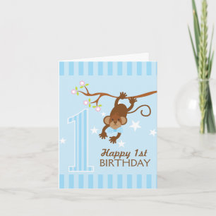 Carte Cheeky Monkey Blue Stripes Joyeux 1er Anniversaire