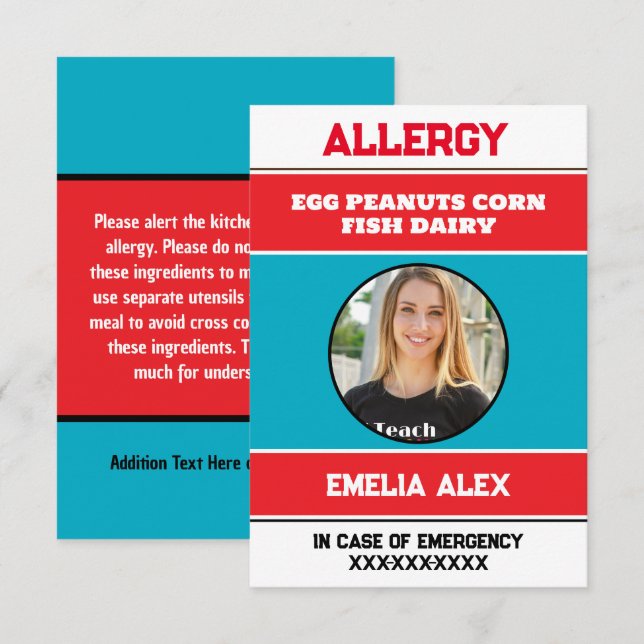 Carte Chef Alerte Allergie Personnalisée Avec Phot (Devant / Derrière)