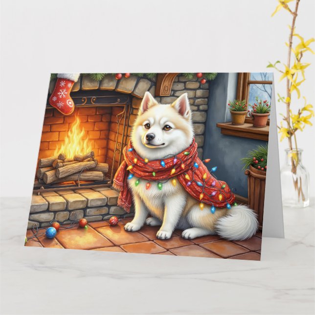 Carte Cheminée American Eskimo avec lumières de Noël (Fleur jaune)