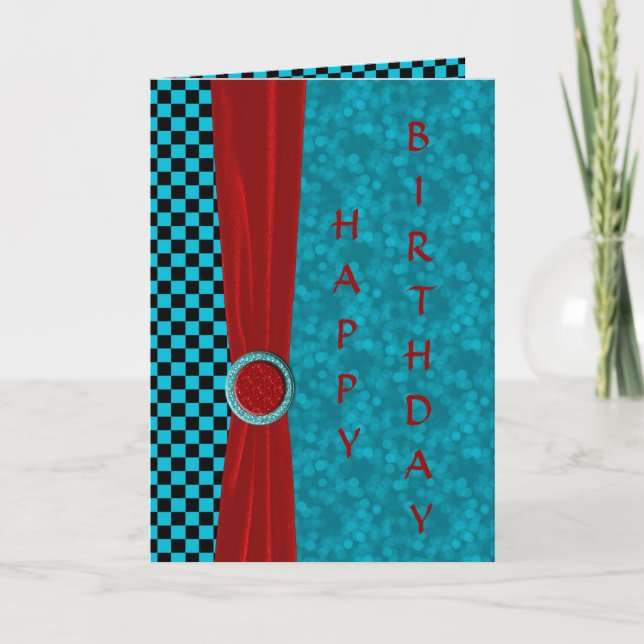 Carte Chèques Noirs Turquoise & Red Joyeux Anniversaire (Devant)