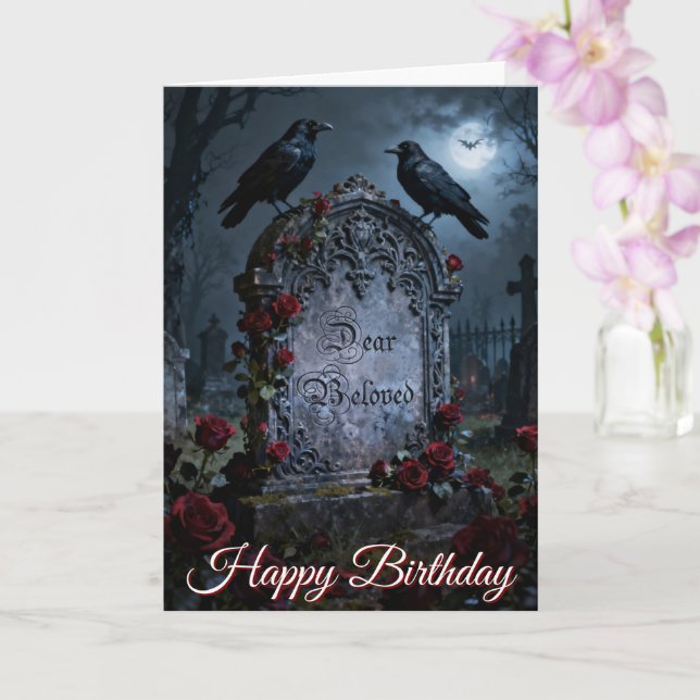 Carte Cher Corbeau Gothique Bien-Aimé & Roses Cimetière (Orchidée)