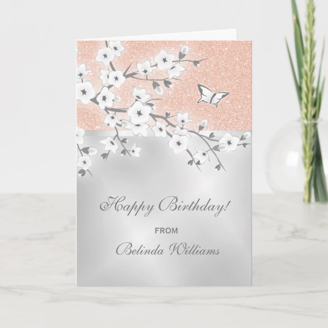 Carte Cherry Blossom Rose Parties scintillant or Argent  (Devant)