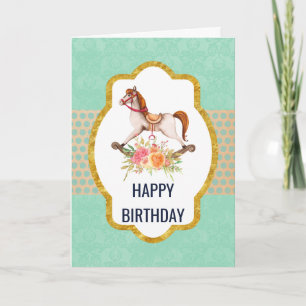 Carte Cheval à Bascule Vintage avec Bouquet Floral Anniv