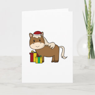 Carte Cheval avec chapeau et cadeaux de Père Noël