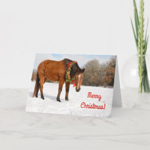 Carte Cheval bai avec couronne de Noël