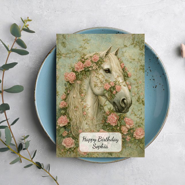 Carte Cheval blanc avec des roses (Créateur téléchargé)