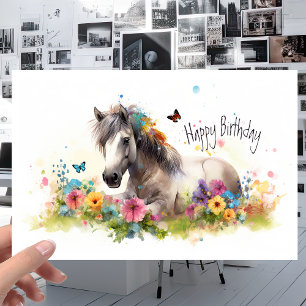 Carte Cheval blanc avec fleurs et papillons Anniversaire