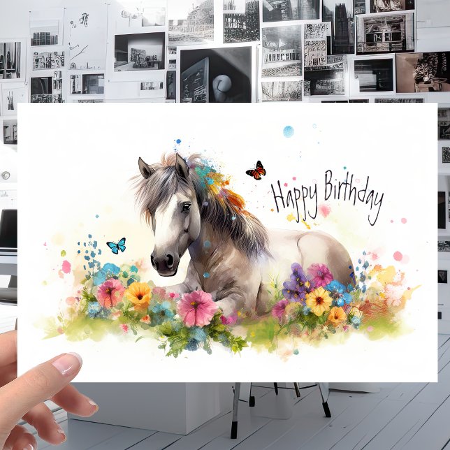 Carte Cheval blanc avec fleurs et papillons Anniversaire (Créateur téléchargé)