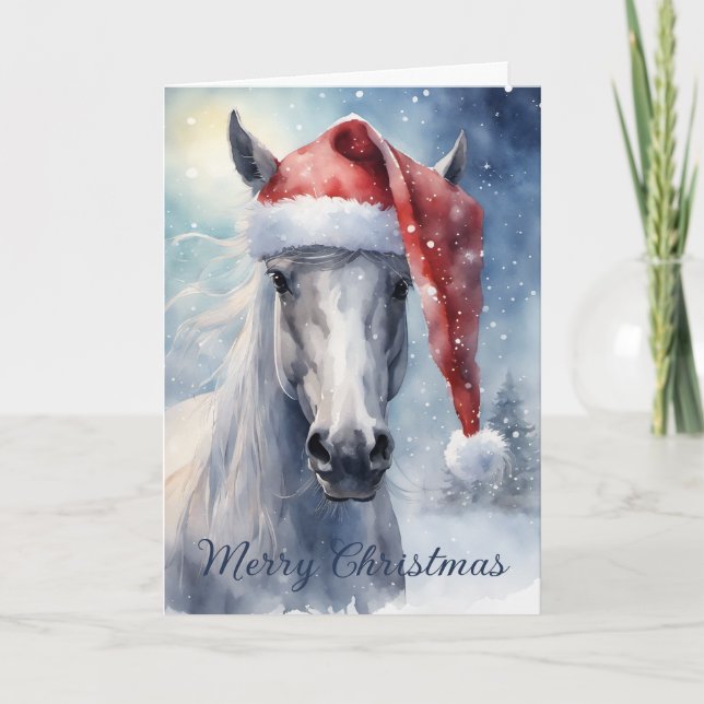 Carte Cheval blanc de Noël avec aquarelle de chapeau de  (Devant)
