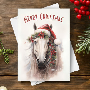 Carte Cheval Blanc Santa Chapeau Rouge Poinsettias Noël