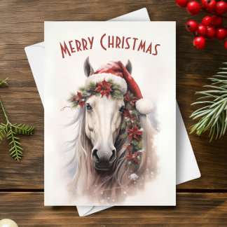 Carte Cheval Blanc Santa Chapeau Rouge Poinsettias Noël