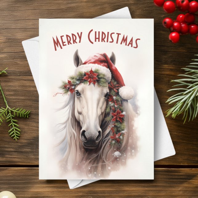 Carte Cheval Blanc Santa Chapeau Rouge Poinsettias Noël (Créateur téléchargé)