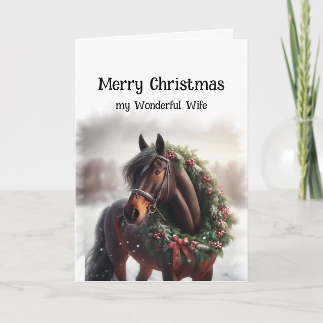 Carte Cheval Brown de Noël Merveilleuse Femme Wreath (Devant)