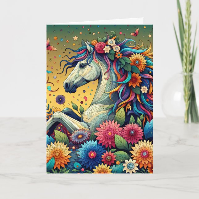 Carte Cheval et Fleurs Whimsical Personnalisé Anniversai (Devant)