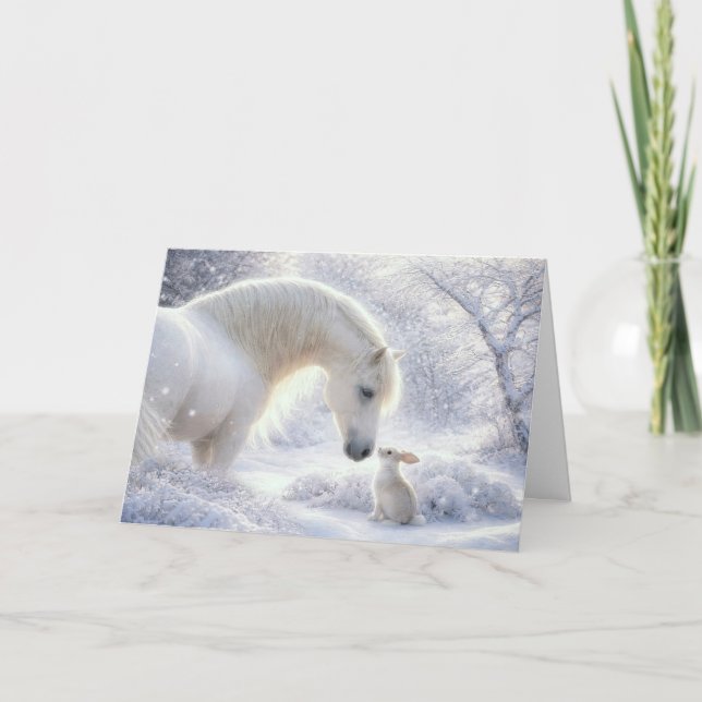 Carte Cheval et lapin Bunny dans la neige Charmant  (Devant)