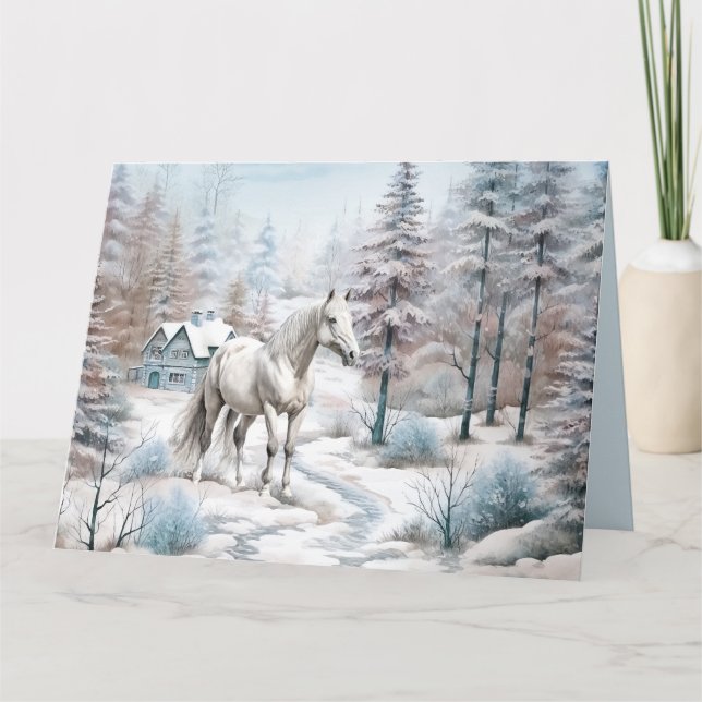 Carte Cheval hiver scène neige forêt Noël (Devant)
