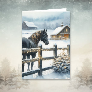 Carte Cheval noir sur une ferme de Noël personnalisée