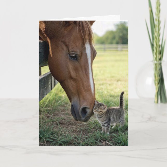 Carte Cheval qui pense à vous avec un chaton tabby (Devant)