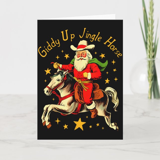 Carte Cheval qui Tincille Giddy Up Drôle Rétro Père Noël (Devant)