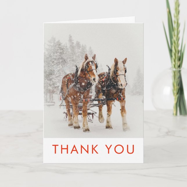 Carte Cheval tiré Sleigh Scène de Noël Merci (Devant)